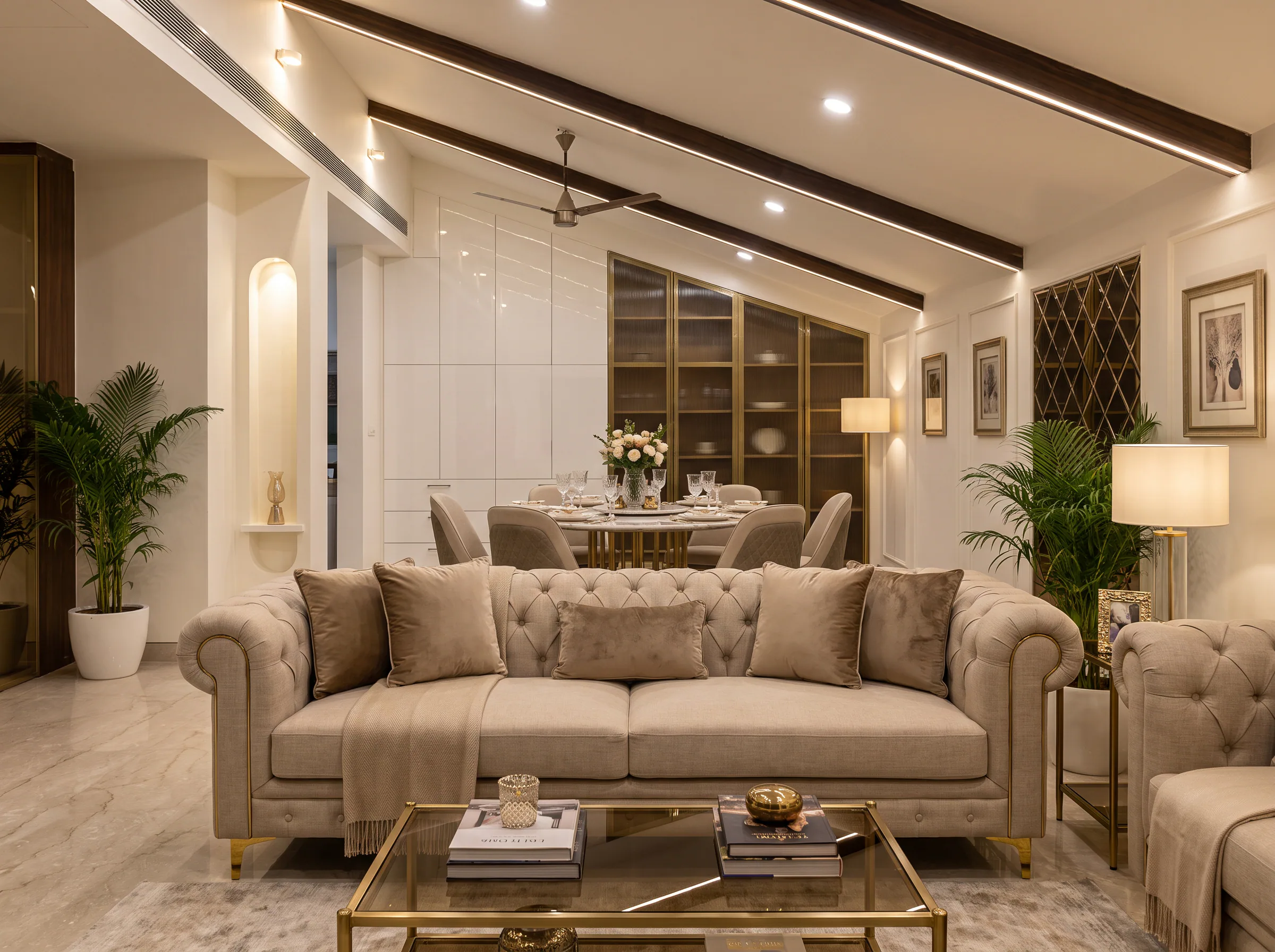 Layered Islamabad living and dining room with warm timber and filtered daylight