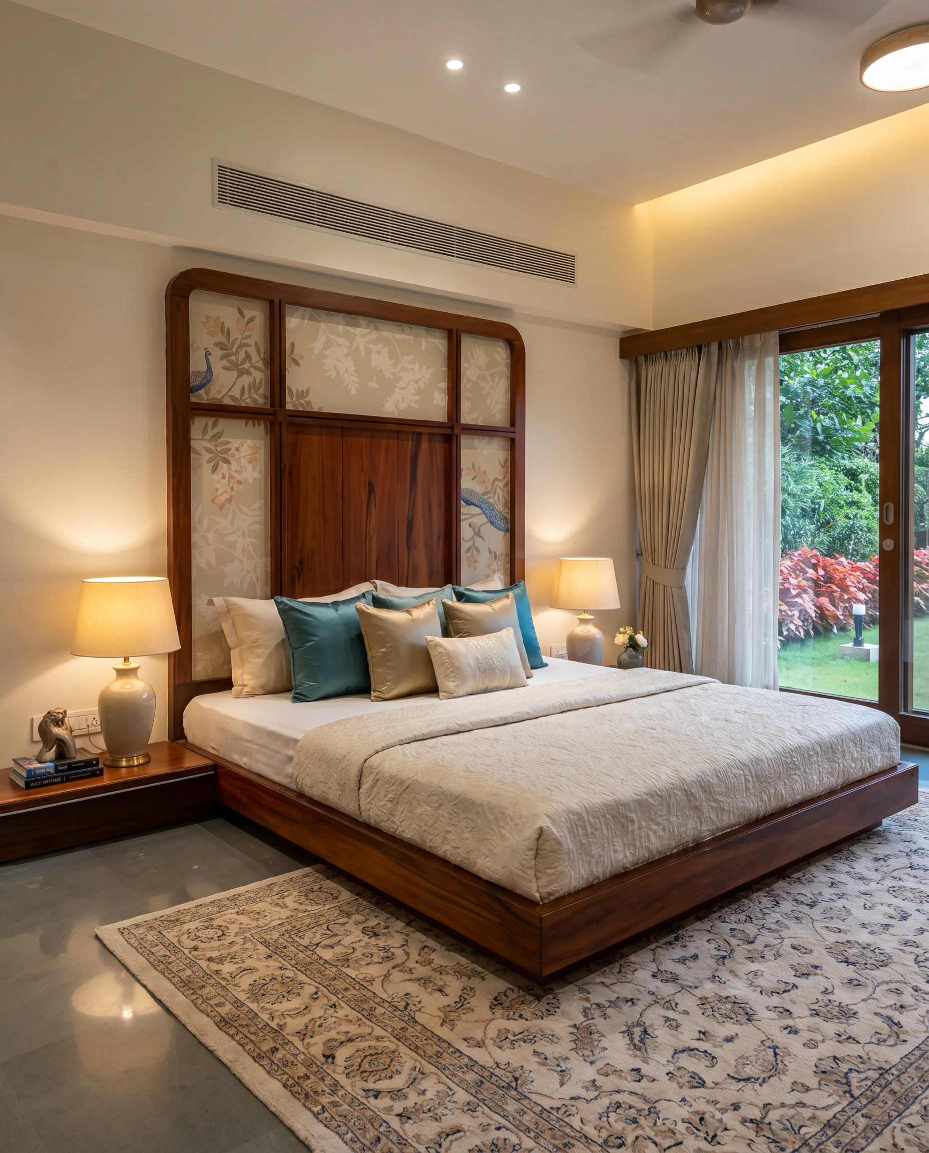 Islamabad garden bedroom with crafted timber headboard and filtered greenery