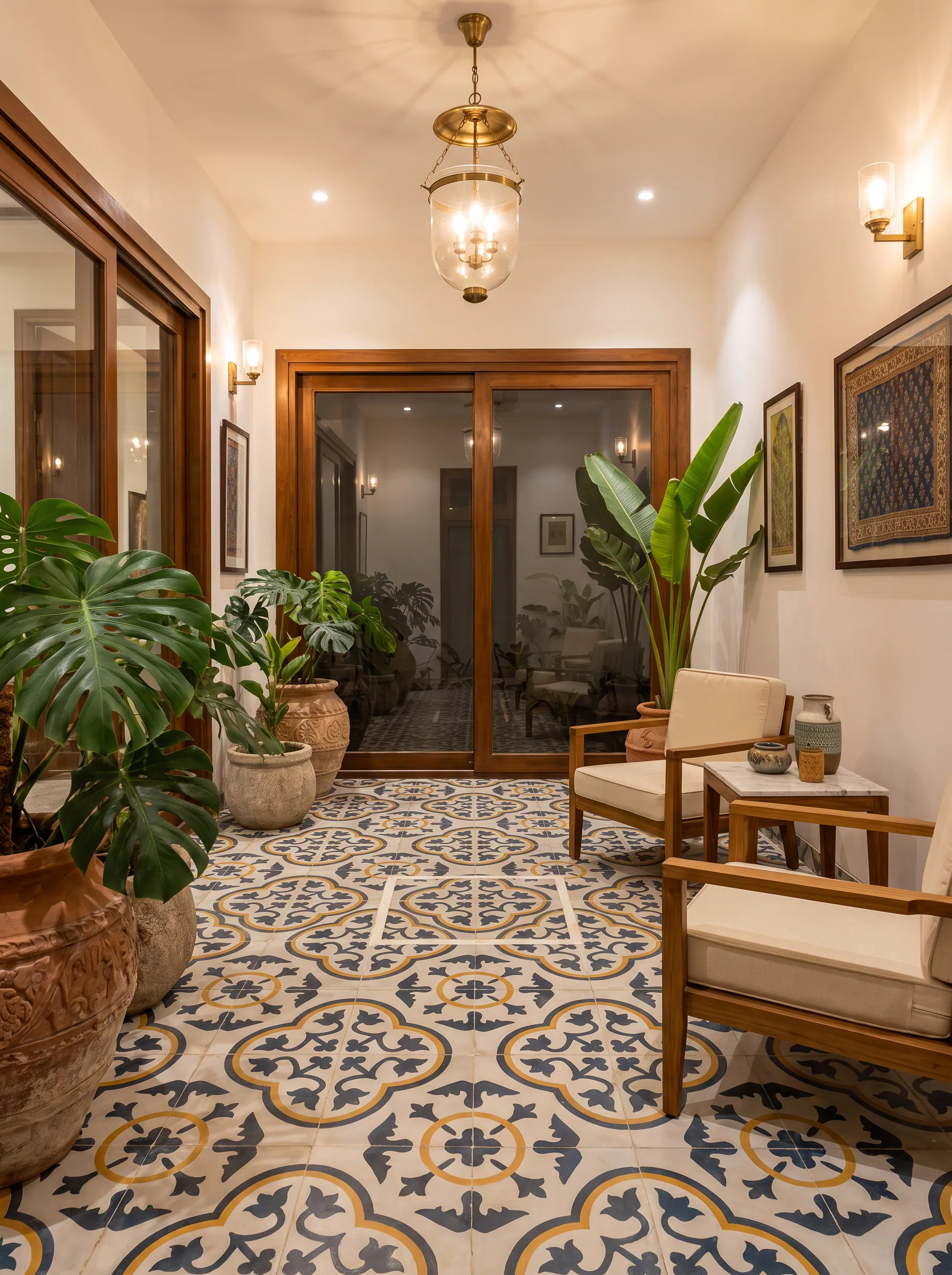 Islamabad home interior with an open courtyard, timber doors and patterned floor