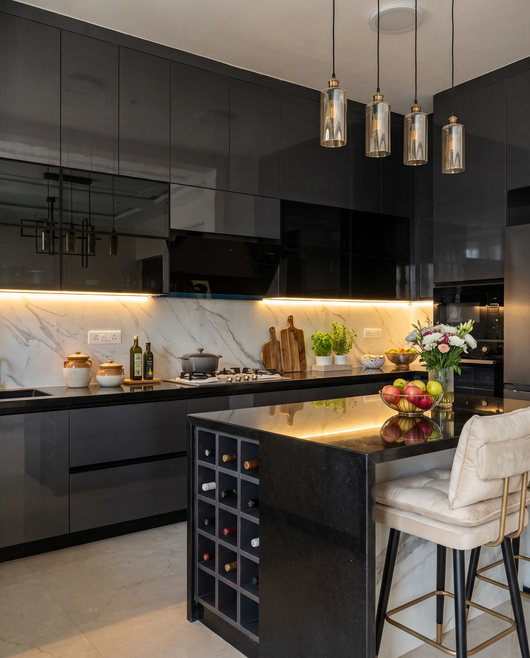 Contemporary Islamabad kitchen with island, layered light and durable surfaces